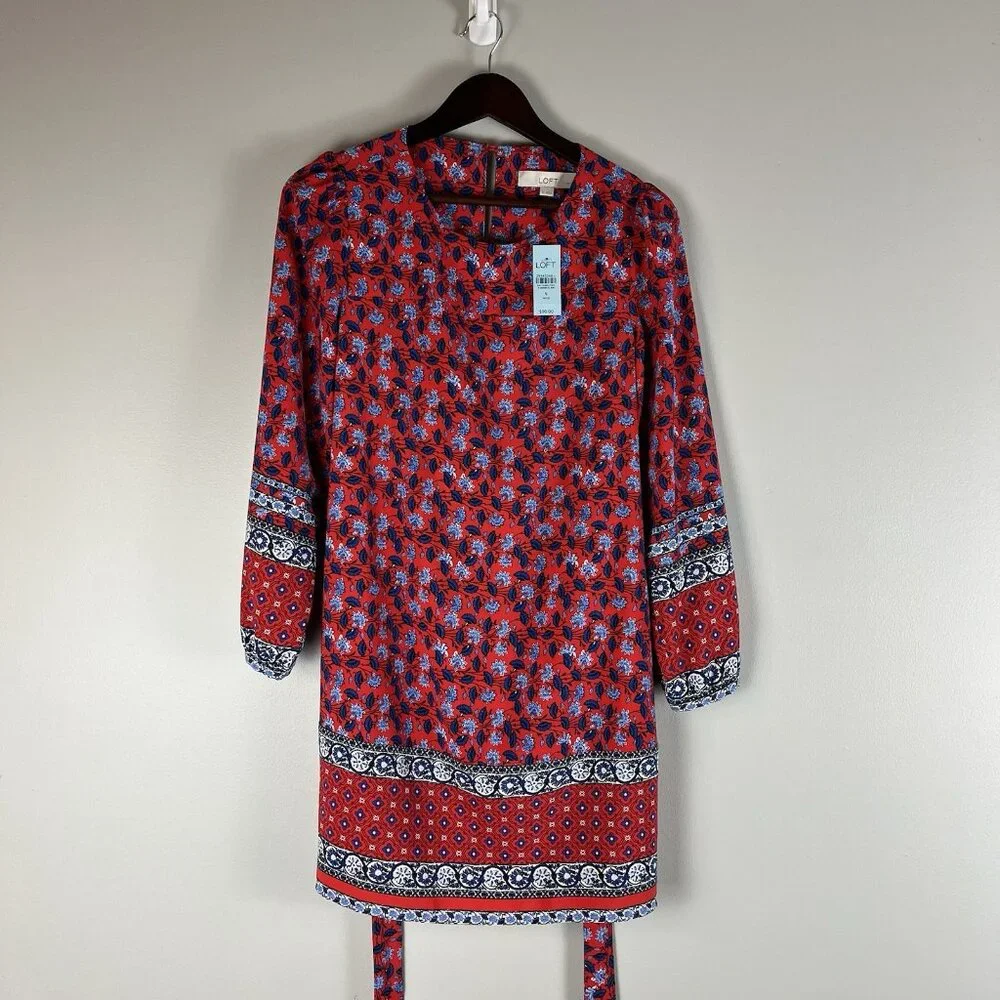 Loft S Petite Dress Floral Tie Waist Puff Sleeve Boho Red Blue - Picture 4 of 7